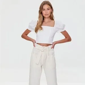 Forever 21 Tops Forever Sweet White Puff Sleeve Smocked Crop